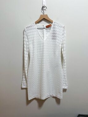 Missoni white lace crochet knit v neck long sleeve sheer dress coverup resort